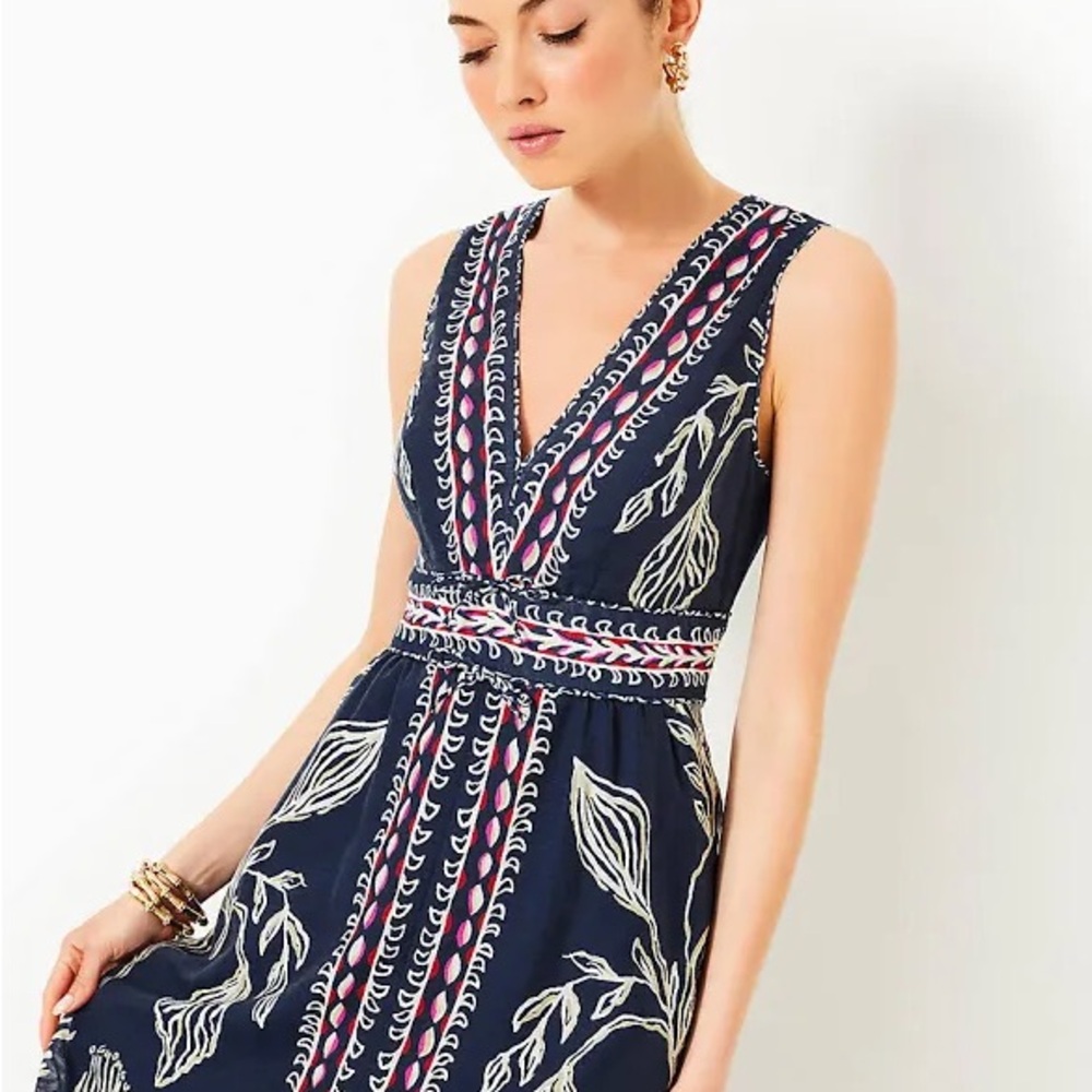 Lilly Pulitzer Daniella Midi Blue and White Sleeveless V-Neck Sundress